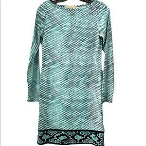 Michael Kors Shift Dress XS Party Designer Snakeskin Boat Neck Long Sleeves Blue